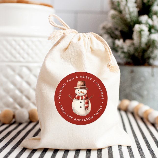 Pegatina Redonda Cuidada acuarela Snowman Feliz Navidad (Subido por el creador)