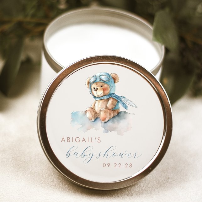 Pegatina Redonda Cuidada acuarela Teddy Bear Blue Boy Baby Shower (Subido por el creador)