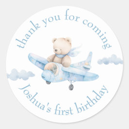 Pegatina Redonda Cuidada acuarela Teddy Bear en avión Gracias