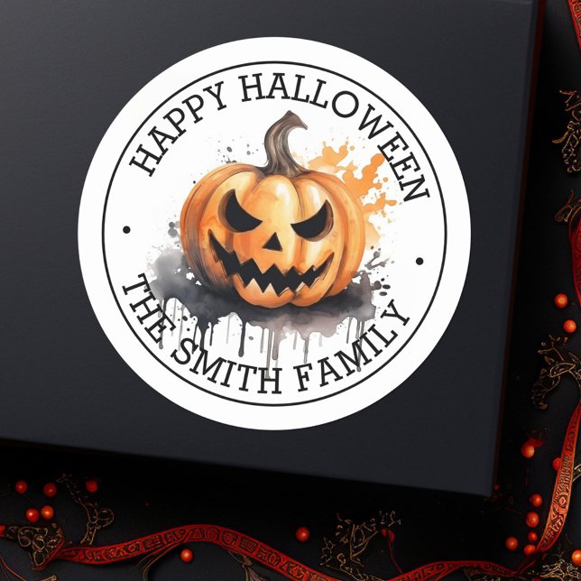 Pegatina Redonda Cuidada acuática fantasmal Jack-o-Lantern Hallowee (Spooky watercolor Jack-o-Lantern Happy Halloween Classic Round Sticker)