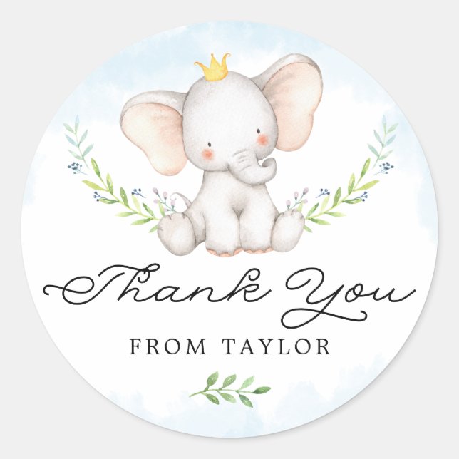 Pegatina Redonda Cuidada azul acuarela bebé elefante Gracias (Anverso)