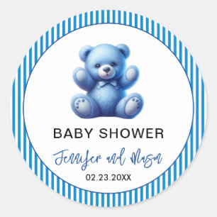 Pegatina Redonda Cuidada Azul Teddy Bear Vintage Bebé Ducha
