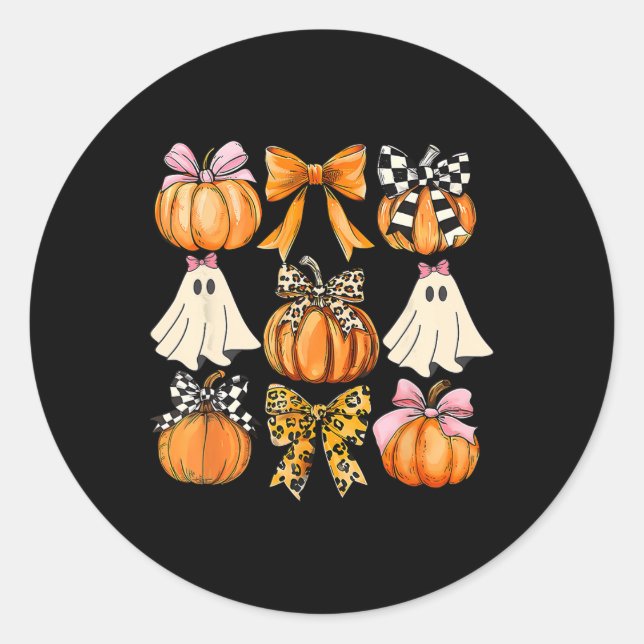 Pegatina Redonda Cuidada Coquette Fantasma Rosa Coquette Bows Pumpk (Anverso)