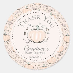 Pegatina Redonda Cuidada Crema Pequeña Calabaza Baby Shower Gracias
