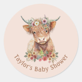 Pegatina Redonda Cuidada Escocia Highland Cow Watercolor Rosa C