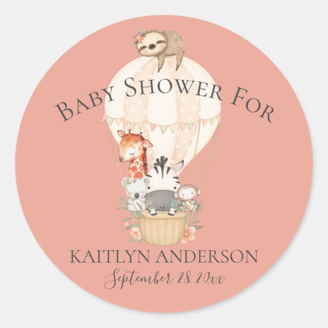 Pegatina Redonda Cuidada Giraffe Cebra Balón de aire caliente Niña (Anverso)