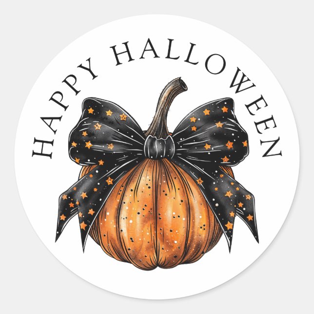 Pegatina Redonda Cuidada Happy Halloween Calabaza Black Star Bow (Anverso)