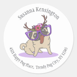 Pegatina Redonda Cuidada Hipster Boho Hippie Pug Big Glass Direcció