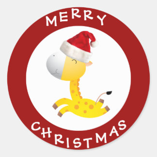 Pegatina Redonda Cuidada jirafa en Santa Hat Red Christmas Stickers