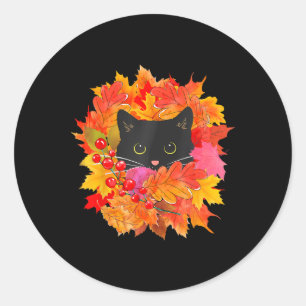 Pegatina Redonda Cuidada Pila Negra De Gatos De Hojas Cuestas De Ga