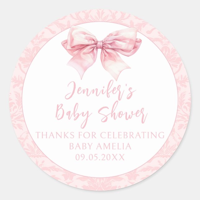 Pegatina Redonda Cuidada Rubor Pink Bow Damask Baby Shower (Anverso)