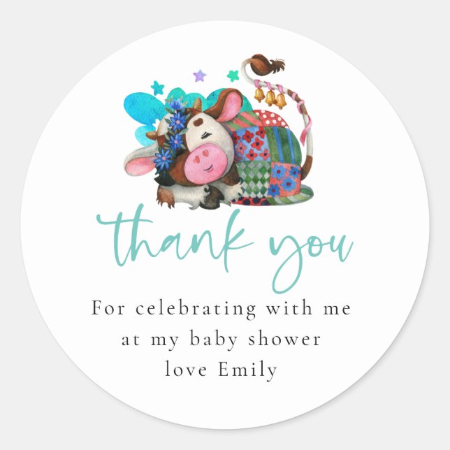 Pegatina Redonda Cuidada Sleeping Cow Script Baby Shower Gracias (Anverso)