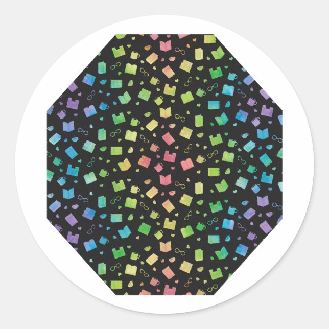 Pegatina Redonda Cuidado arcoiris y libro negro y patrón de lectura (Anverso)