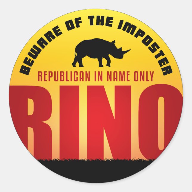 Pegatina Redonda Cuidado con el RINO (Anverso)