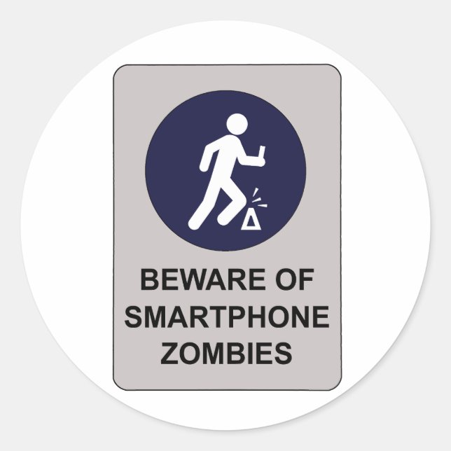 Pegatina Redonda Cuidado con el Rótulo Zombie de Smartphone (Anverso)