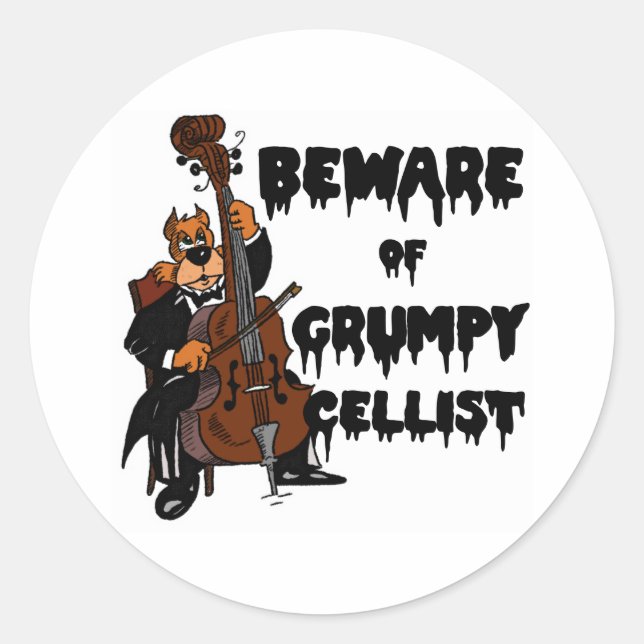 Pegatina Redonda Cuidado con los Cellistas Grumpy (Anverso)