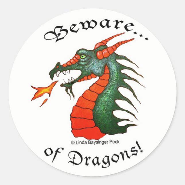 Pegatina Redonda Cuidado con los dragones (Anverso)