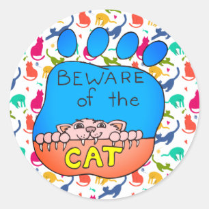 Pegatina Redonda Cuidado con los Pegatinas gatos