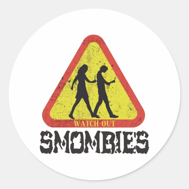 Pegatina Redonda Cuidado con Smombies (Anverso)
