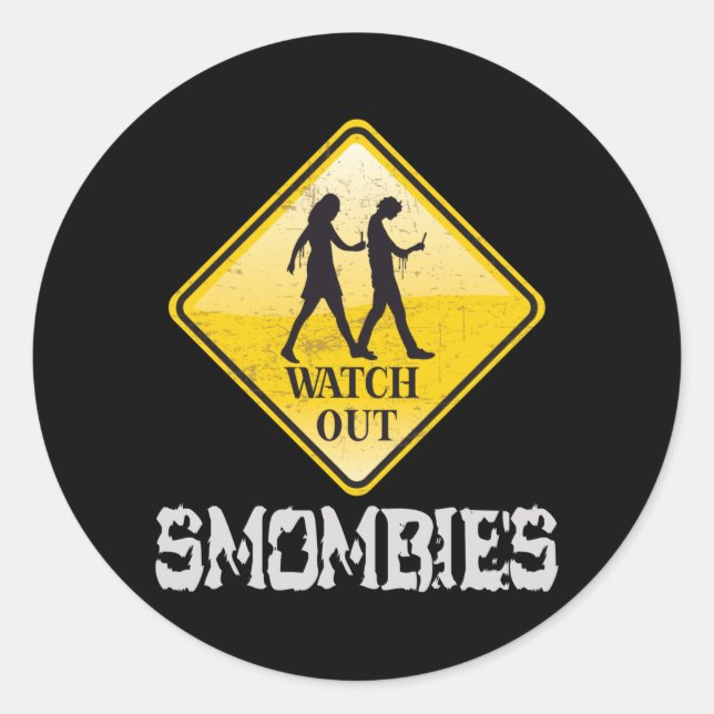 Pegatina Redonda Cuidado con Smombies (Anverso)