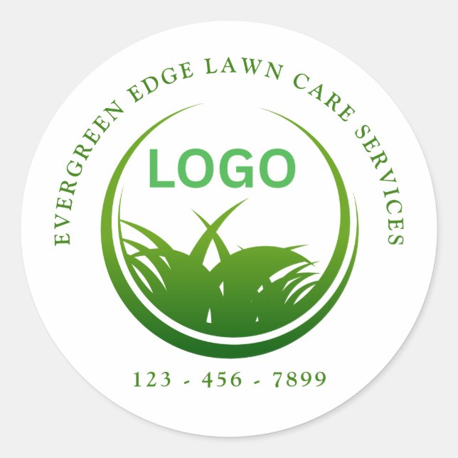 Pegatina Redonda Cuidado de césped con logotipo personalizado (Anverso)