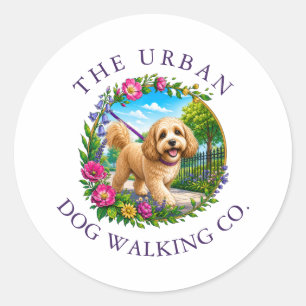Pegatina Redonda Cuidado Diario de Paseo de Perro Cockapoo