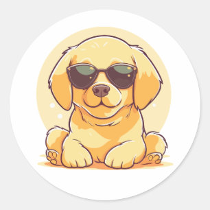 Pegatina Redonda Cuidado Golden Retriever con gafas de sol