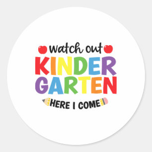 Pegatina Redonda Cuidado jardín de infancia aquí vengo Kinder de vu