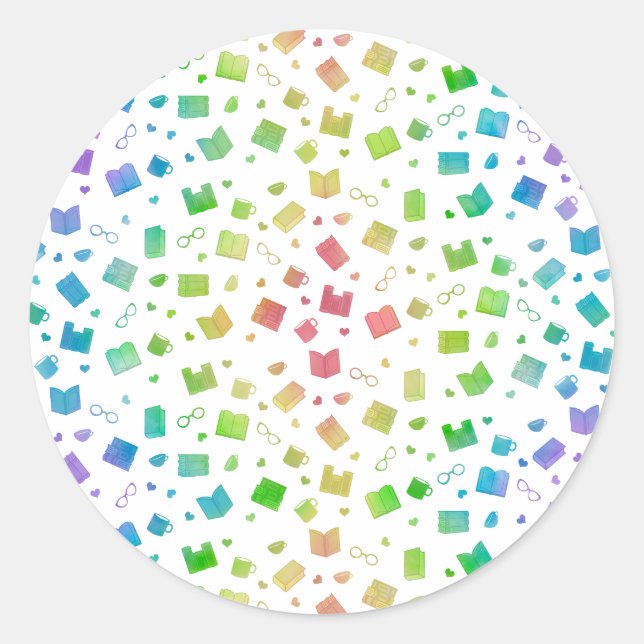 Pegatina Redonda Cuidado libro arcoiris y patrón de lectura (Anverso)