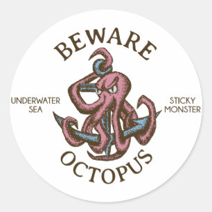 Pegatina Redonda Cuidado Octopus Nautical Creature Tentacle Monstru