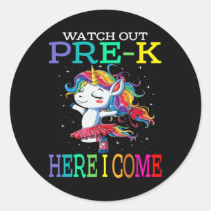 Pegatina Redonda Cuidado Pre-k Aquí Vengo Unicornio Byck Al Colegio