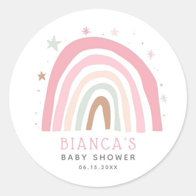 Pegatina Redonda Cuidado Rubor Pink Rainbow Baby Shower (Anverso)