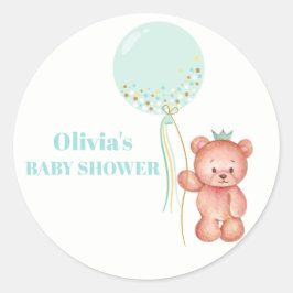 Pegatina Redonda Cuidado simple Teddy Bear Balloon Baby Shower