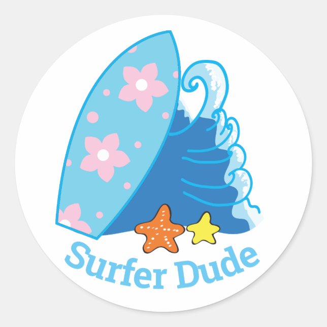 Pegatina Redonda Cuidado Surfer Dude Surfboard y Wave (Anverso)