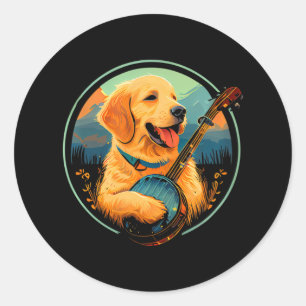 Pegatina Redonda Cuidado Yellow Lab Cuppy Perro Jugando Banjo Blueg