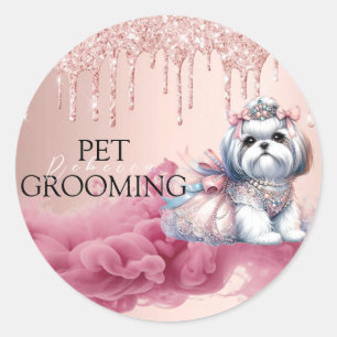 Pegatina Redonda Cuidador de mascotas con acuarela adorable paseado