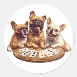 Pegatina Redonda Cuidados Bulldoges franceses jugando cartas