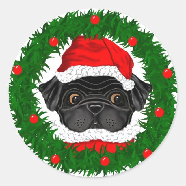Pegatina Redonda Cuidados Navidades Black Pug Santa en guirnalda (Anverso)