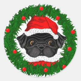 Pegatina Redonda Cuidados Navidades Black Pug Santa en guirnalda