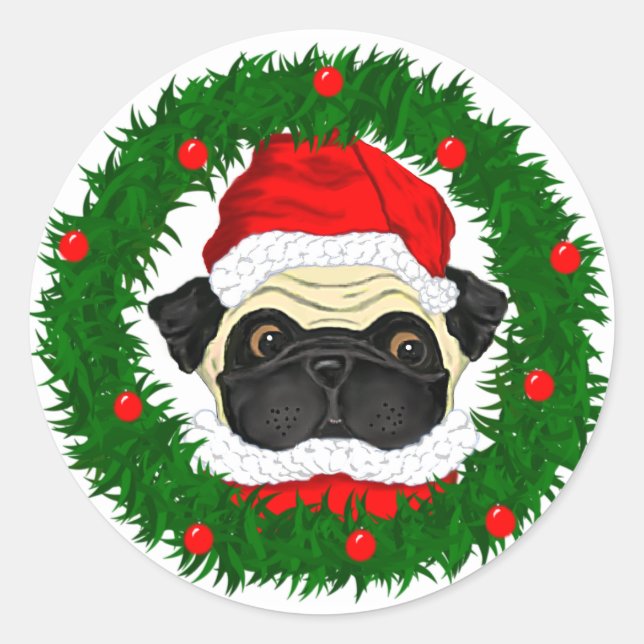Pegatina Redonda Cuidados Navidades pug Santa en guirnalda (Anverso)