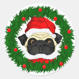 Pegatina Redonda Cuidados Navidades pug Santa en guirnalda