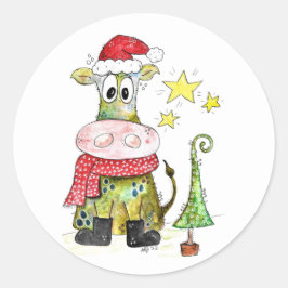 Pegatina Redonda Cuidados y caprichosos Navidades vaca