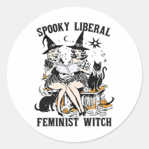 Pegatina Redonda Cuidadosa biblioteca de Halloween femenina liberal