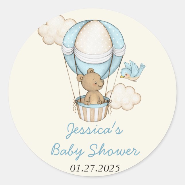 Pegatina Redonda Cuido oso Hola Pequeño Un Baby Shower (Anverso)