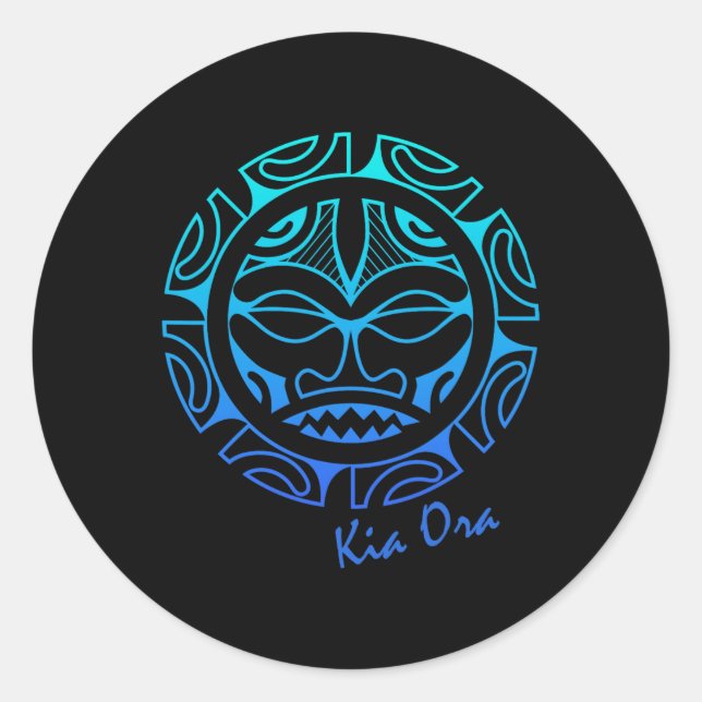 Pegatina Redonda Culture Face Symbol Blue, Haka Kia Ora Dance New Z (Anverso)