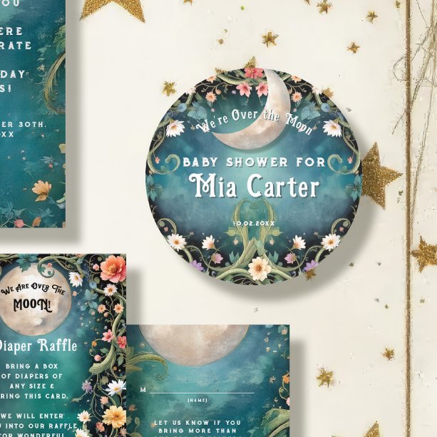 Pegatina Redonda Cumple en la Luna Chica Femenina Floral Rosa Fiest (Subido por el creador)