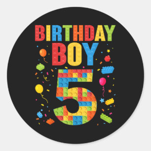 Pegatina Redonda Cumpleañero Niño de 5 Años Bloques de Construcción