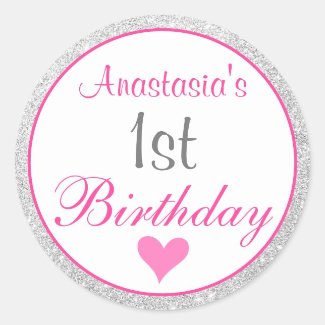 Pegatina Redonda Cumpleaños 1º Princesa Rosa y Plata Brillo (Anverso)