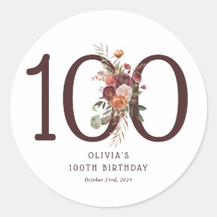 Pegatina Redonda Cumpleaños 100 Boho Pumpkin Autumn Bloom