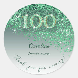 Pegatina Redonda Cumpleaños 100 Brillante Verde Escarchado Gracias